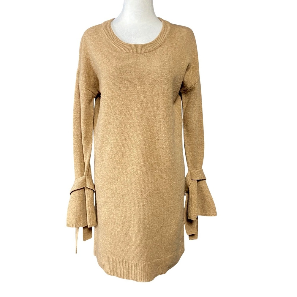Madewell‎ Sweater Dress Womens XS Beige Merino Wool Bow Bell Sleeve Knit Short